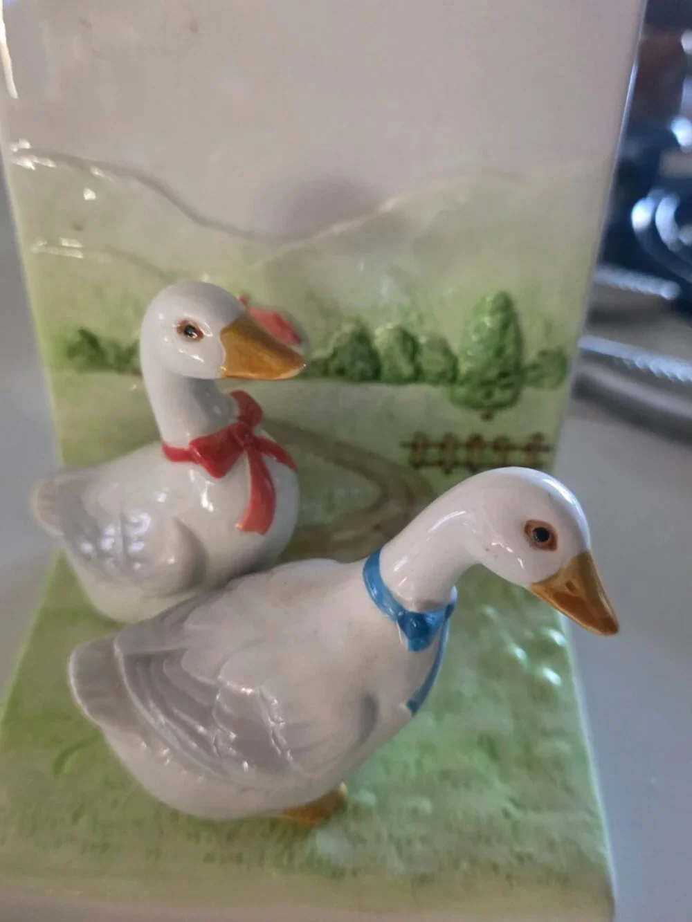 Vintage 1980's Otagiri Geese Bookend (1) Ceramic Goose Blue Red Bow
